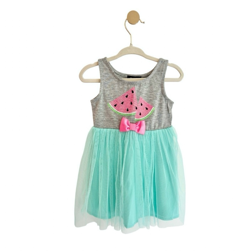 Lilt Gray and Mint Sleeveless Tutu Dress w/ Watermelon & Bow Design | Girls 2T